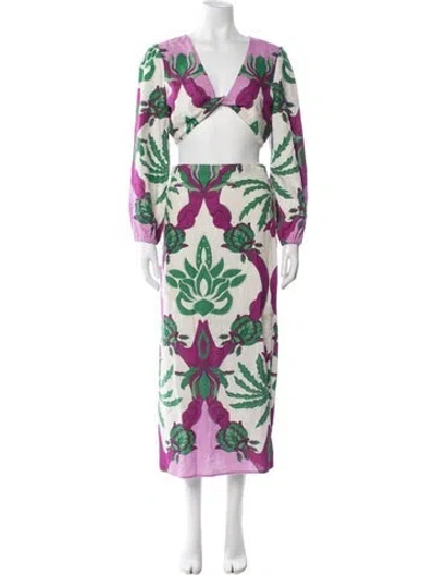Pre-owned Caroline Constas Linen Floral Print Skirt Set In White