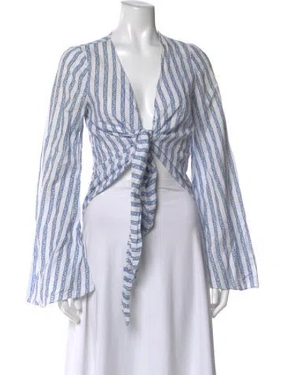 Pre-owned Caroline Constas Linen Striped Blouse In Blue