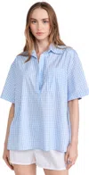 Caroline Constas Missa Open Placket Pullover Top In Blue White Striped In Blue