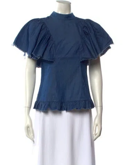 Pre-owned Caroline Constas Mock Neck Short Sleeve Blouse In Blue