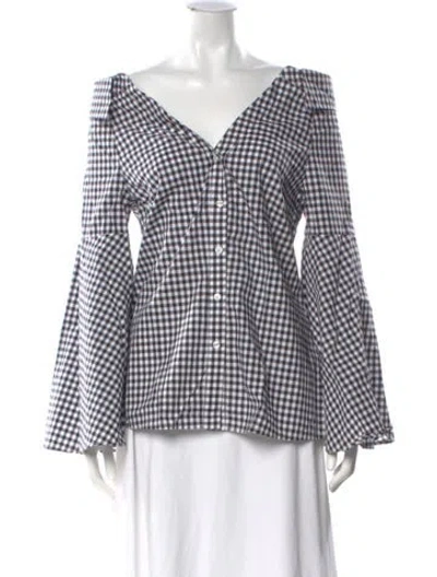 Pre-owned Caroline Constas Plaid Print Long Sleeve Button-up Top In White
