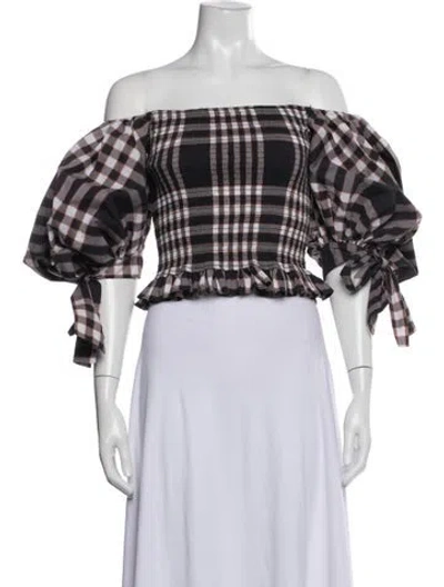 Pre-owned Caroline Constas Plaid Print Off-the-shoulder Blouse In Blue