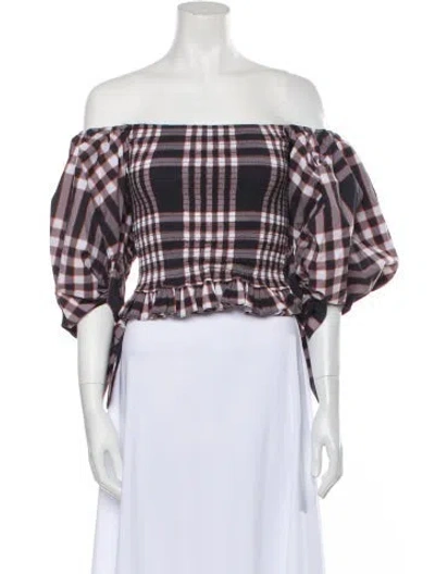 Pre-owned Caroline Constas Plaid Print Off-the-shoulder Crop Top In Black
