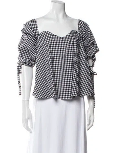 Pre-owned Caroline Constas Plaid Print Off-the-shoulder Crop Top In Black/white