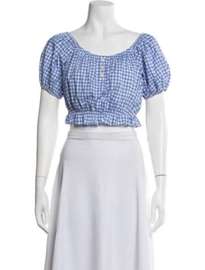 Pre-owned Caroline Constas Plaid Print Off-the-shoulder Crop Top In Blue