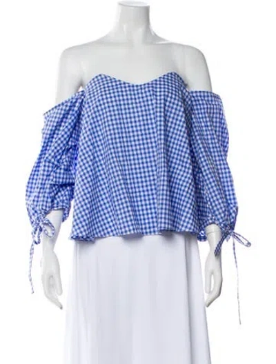 Pre-owned Caroline Constas Plaid Print Off-the-shoulder Top In Blue