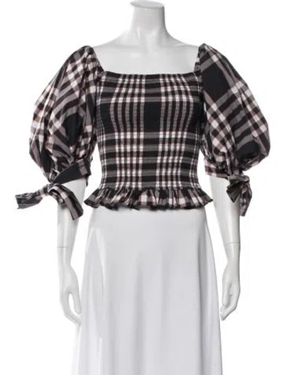 Pre-owned Caroline Constas Plaid Print Square Neckline Blouse In Black