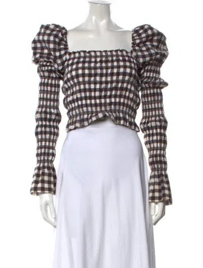 Pre-owned Caroline Constas Plaid Print Square Neckline Blouse In White