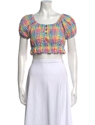 Pre-owned Caroline Constas Plaid Print Square Neckline Crop Top In Purple