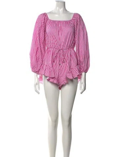 Pre-owned Caroline Constas Plaid Print Square Neckline Romper In Pink