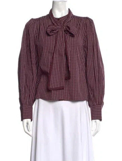 Pre-owned Caroline Constas Plaid Print Tie Neck Blouse In Purple