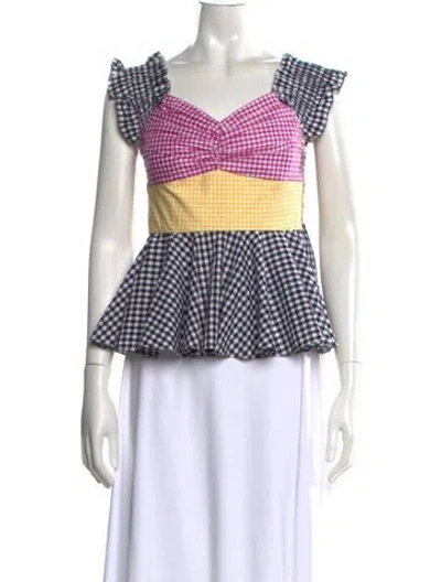 Pre-owned Caroline Constas Plaid Print V-neck Blouse In White