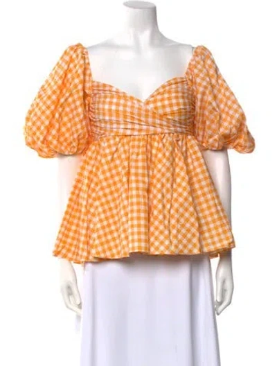 Pre-owned Caroline Constas Plaid Print V-neck Blouse In Yellow