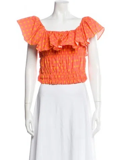 Pre-owned Caroline Constas Polka Dot Print Off-the-shoulder Crop Top In Orange