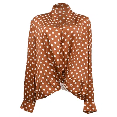 Caroline Constas Polka Dot Twist Front Blouse In Brown Silk