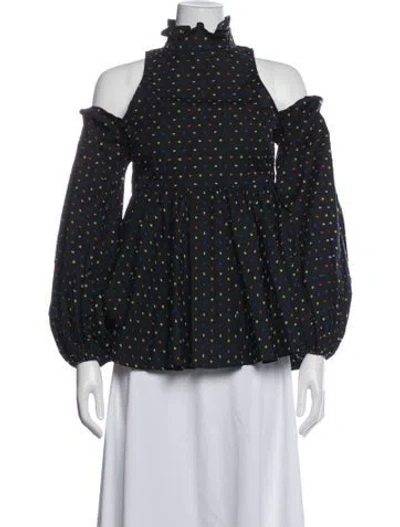 Pre-owned Caroline Constas Printed Off-the-shoulder Blouse In Black/blue