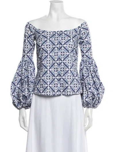 Pre-owned Caroline Constas Printed Off-the-shoulder Blouse In Blue
