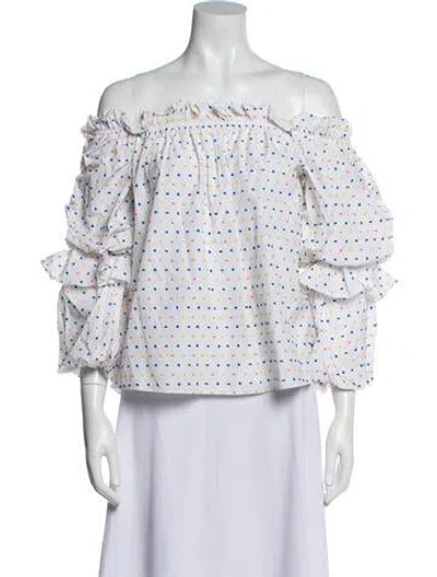 Pre-owned Caroline Constas Printed Off-the-shoulder Blouse In White