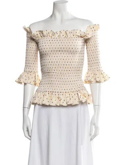 Pre-owned Caroline Constas Printed Off-the-shoulder Blouse In White/yellow