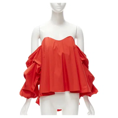 Pre-owned Caroline Constas Red Strapless Puff Sleeves Flared Sweetheart Corset Top M