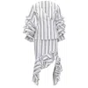 Caroline Constas Ruffled Stripes Wrap Top High Low Skirt Set In White
