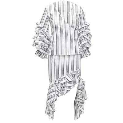Caroline Constas Ruffled Stripes Wrap Top High Low Skirt Set In White
