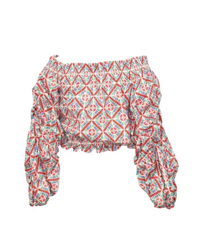 Caroline Constas Smocked Off Shoulder Top In Multicolor Cotton
