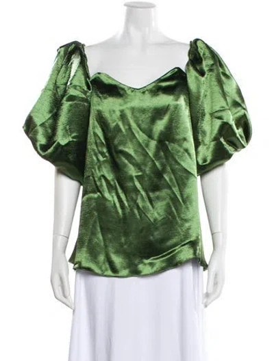 Pre-owned Caroline Constas Square Neckline Short Sleeve Blouse In Green