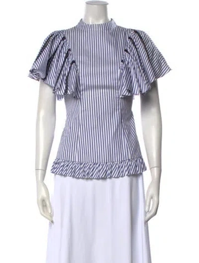 Pre-owned Caroline Constas Striped Mock Neck Blouse In Blue