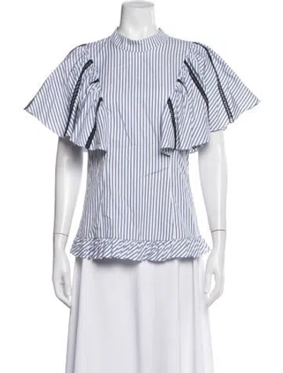 Pre-owned Caroline Constas Striped Mock Neck Blouse In Blue/white