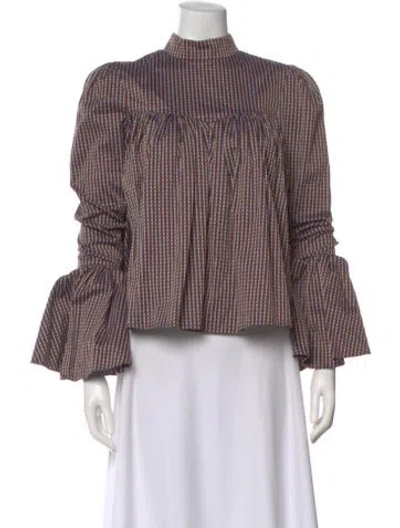 Pre-owned Caroline Constas Striped Mock Neck Blouse In Brown