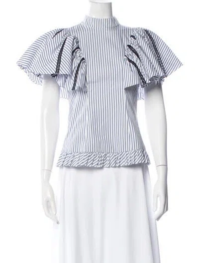 Pre-owned Caroline Constas Striped Mock Neck Blouse In White