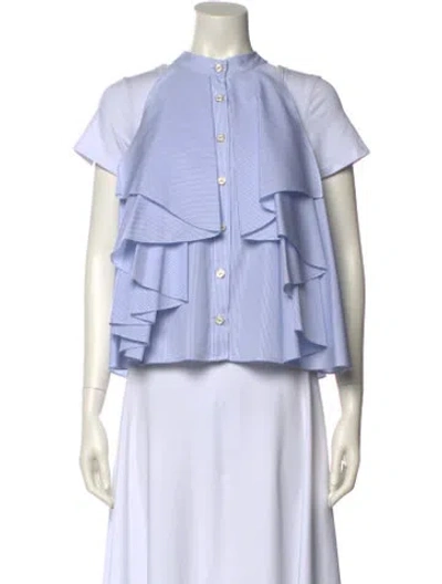 Pre-owned Caroline Constas Striped Mock Neck Button-up Top In Blue