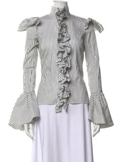Pre-owned Caroline Constas Striped Mock Neck Button-up Top In Green