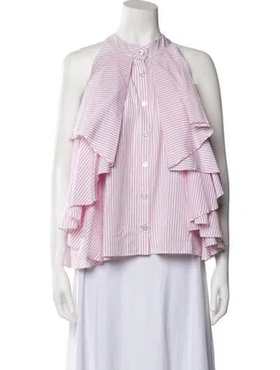 Pre-owned Caroline Constas Striped Mock Neck Button-up Top In Pink