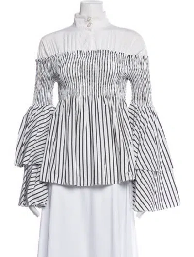 Pre-owned Caroline Constas Striped Off-the-shoulder Blouse In White