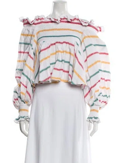 Pre-owned Caroline Constas Striped Off-the-shoulder Crop Top In White