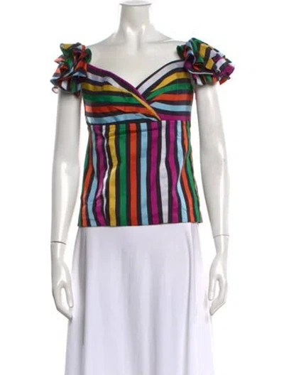 Pre-owned Caroline Constas Striped V-neck Blouse In Black