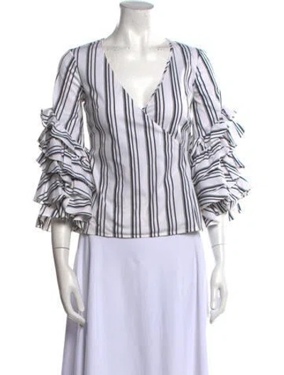 Pre-owned Caroline Constas Striped V-neck Blouse In White