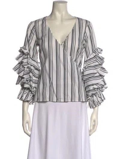 Pre-owned Caroline Constas Striped V-neck Blouse In White