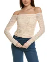 Caroline Constas Velma Off-the-shoulder Crystal-embellished Ruched Stretch-mesh Top In Beige