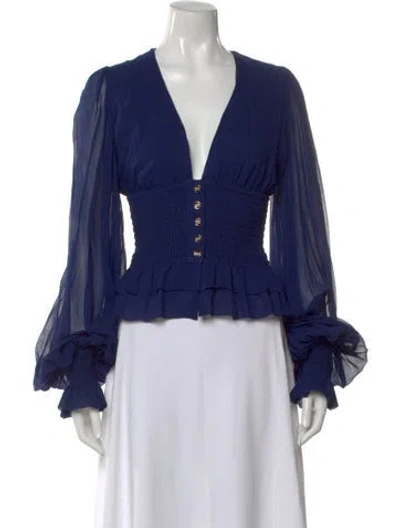 Pre-owned Caroline Constas V-neck Long Sleeve Blouse In Blue