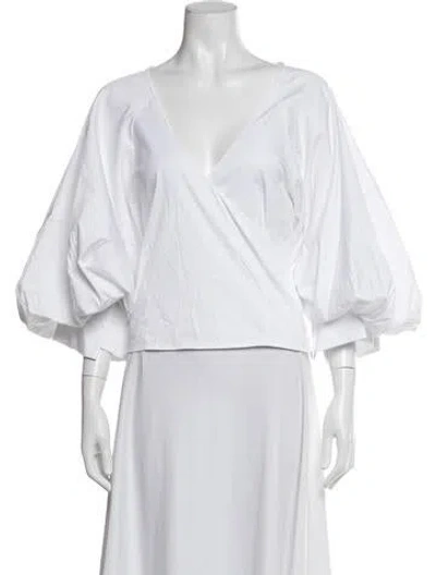 Pre-owned Caroline Constas V-neck Short Sleeve Blouse In White