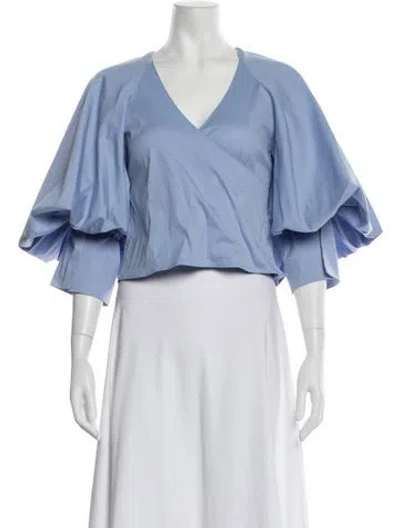 Pre-owned Caroline Constas V-neck Three-quarter Sleeve Blouse W/ Tags In Blue