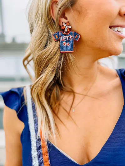 Caroline Hill Let's Go Jersey Beaded Earring In Navy Orange In Multi