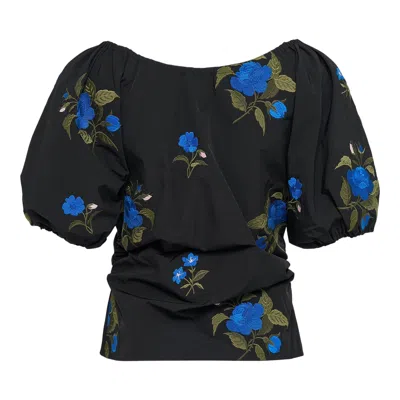 Caroline Hu Black Embellished Roses Embroidery Top