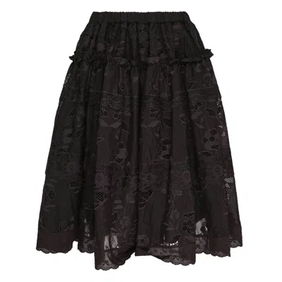 Caroline Hu Black Embroidery Ruched A-line Skirt In Brown
