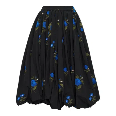 Caroline Hu Black Pleated Roses Embroidery Skirt
