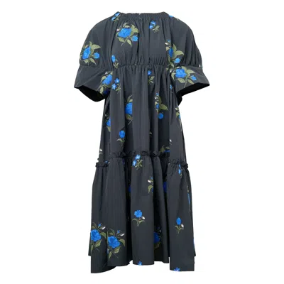 Caroline Hu Black Roses Embroidery Long Dress In Blue