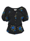 Caroline Hu Embroidered-rose Puff-sleeve Top In Black